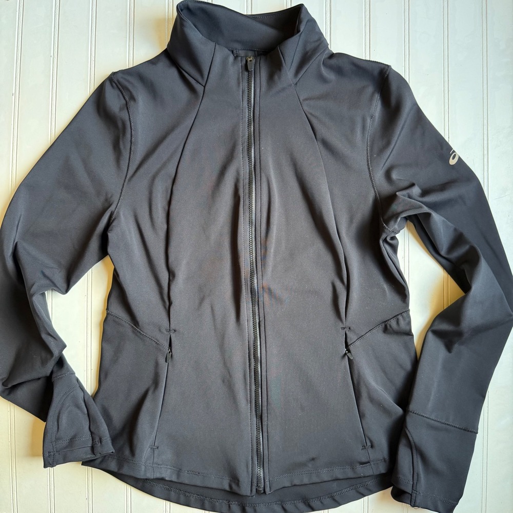 ASICS Womens Black Full Zip Running Jacket Thumbholes Pockets Reflective